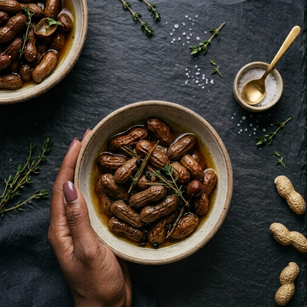 Bowl of Classique boiled peanuts in garden broth with rosemary and thyme