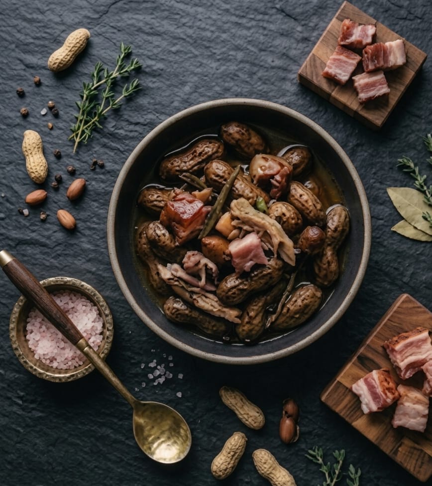 Bowl of Jambon boiled peanuts with smoked ham, salt cellar and herbs on slate
