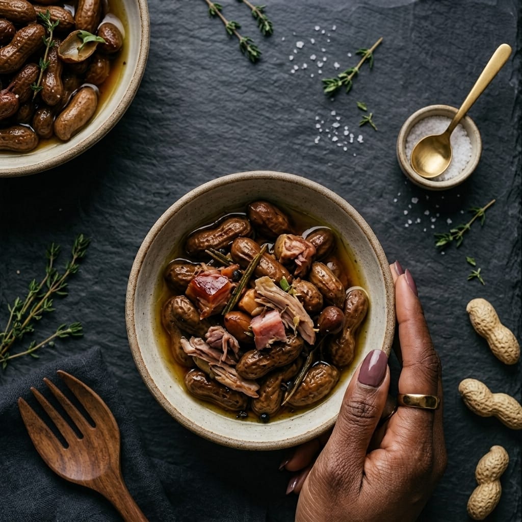 Bowl of Maison boiled peanuts with smoked ham and turkey, held over dark slate