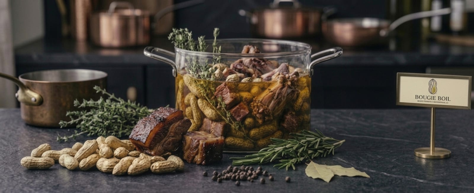 A glass pot of Bougie Boil peanuts with smoked ham and fresh herbs beside a brass Bougie Boil table sign