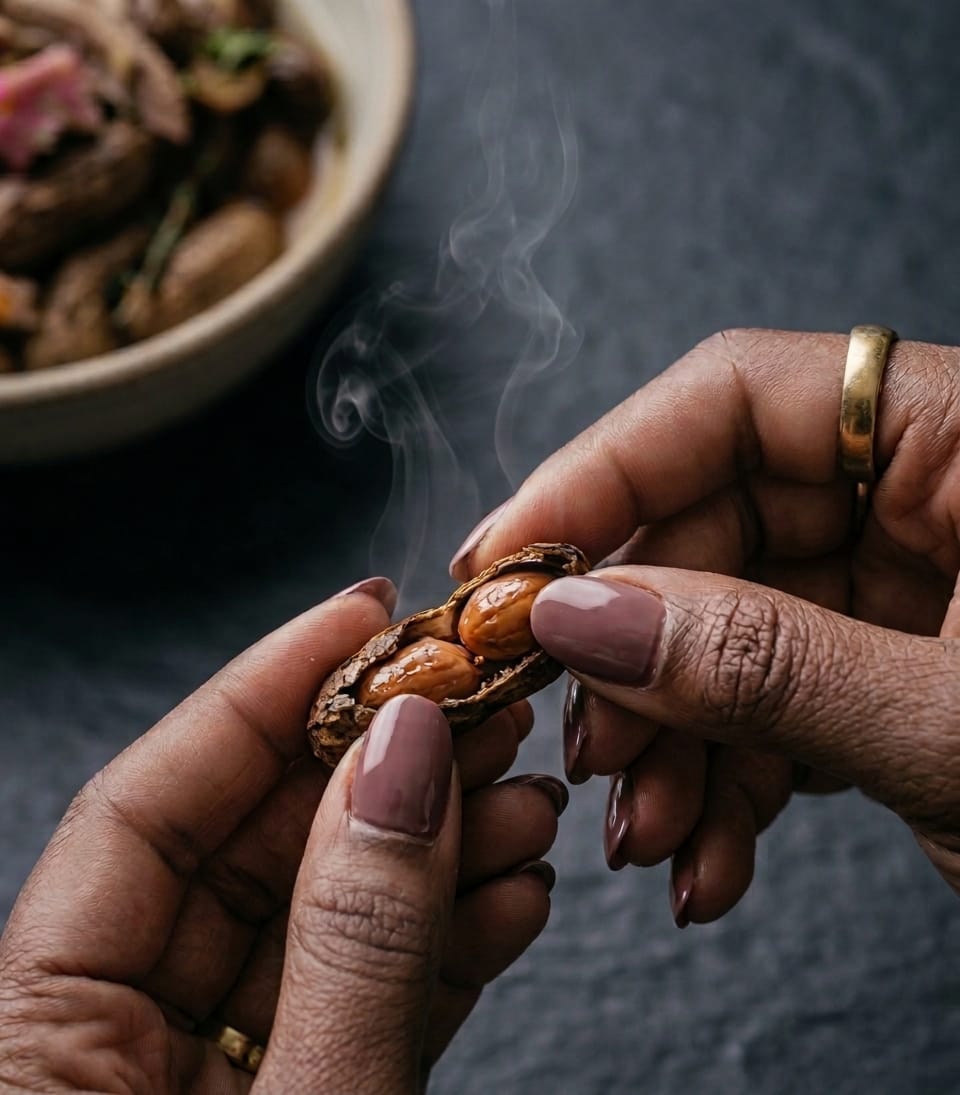Hands with gold rings cracking open a steaming boiled peanut above a bowl of the boil