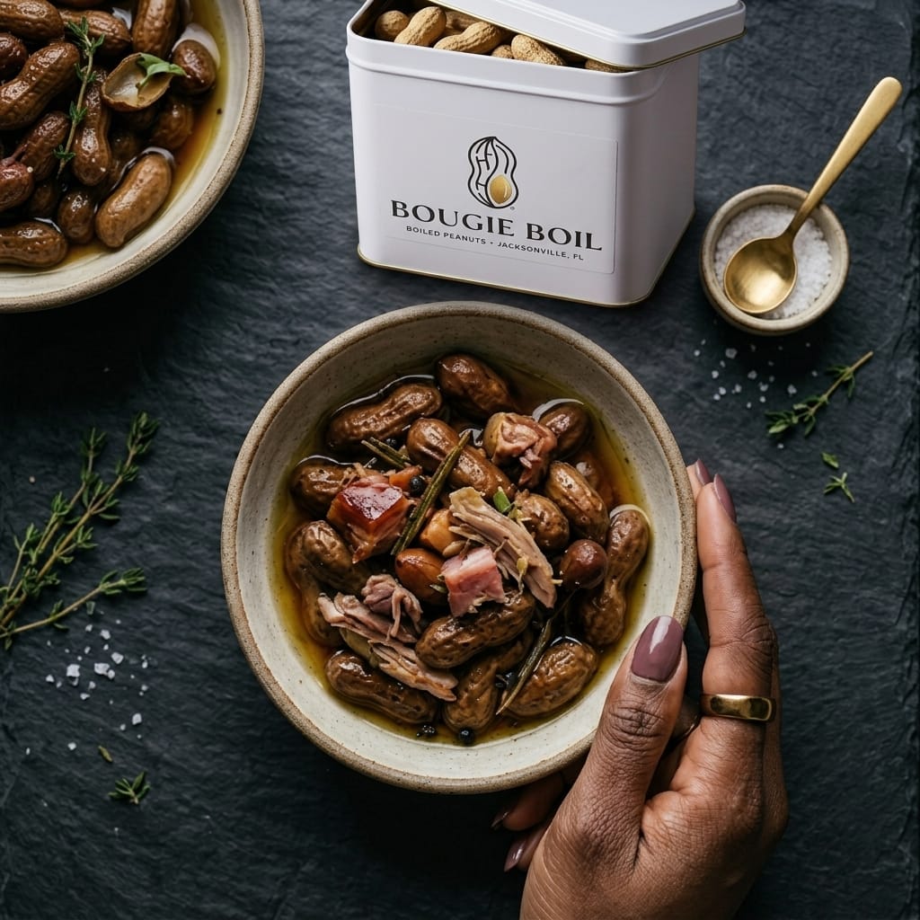 A white Bougie Boil tin of raw peanuts above a bowl of the Maison boil on dark slate